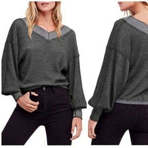 FREE PEOPLE WE THE FREE South Side Thermal Black V-Neck women M oversized